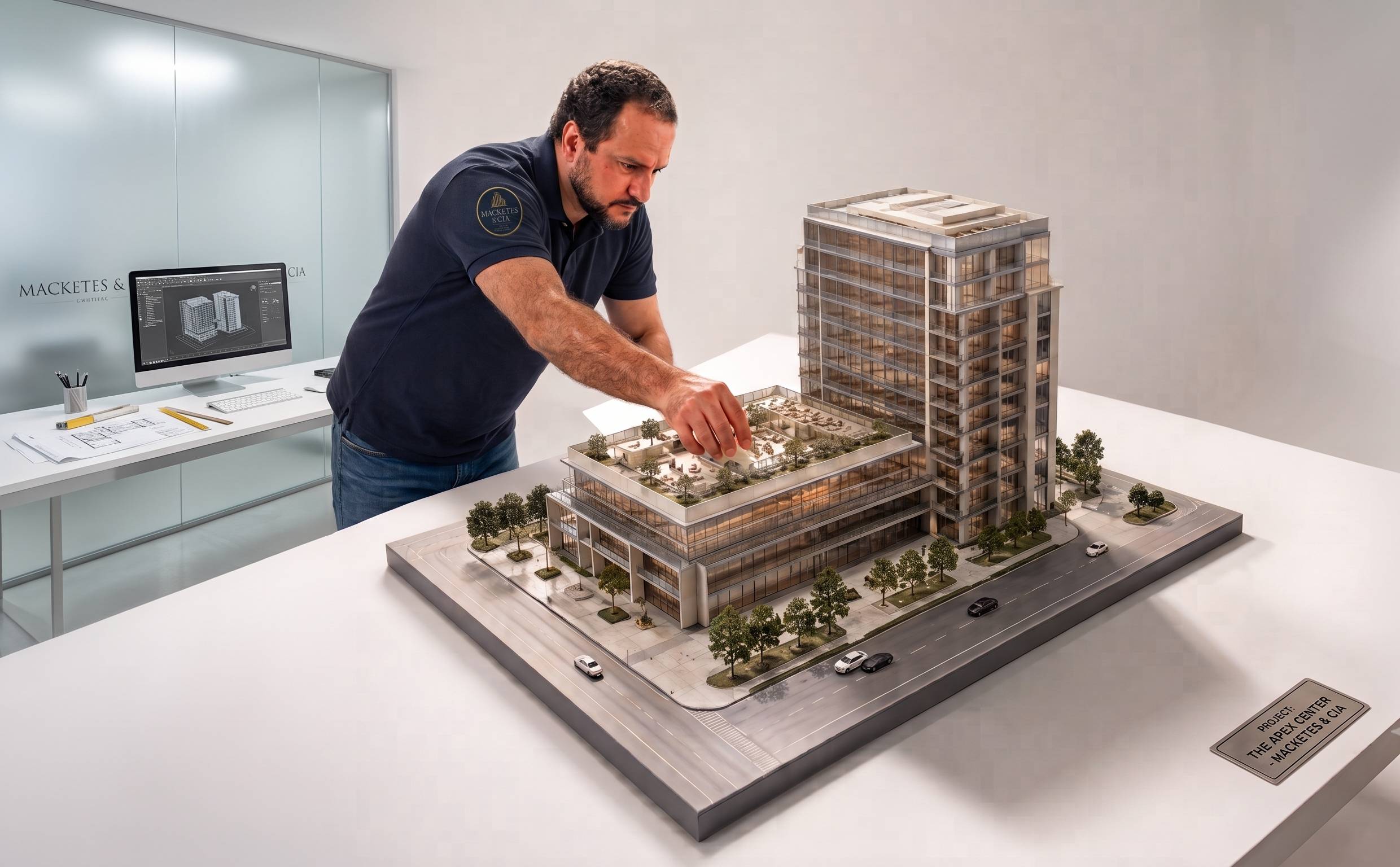 Cláudio trabalhando em uma maquete arquitetônica